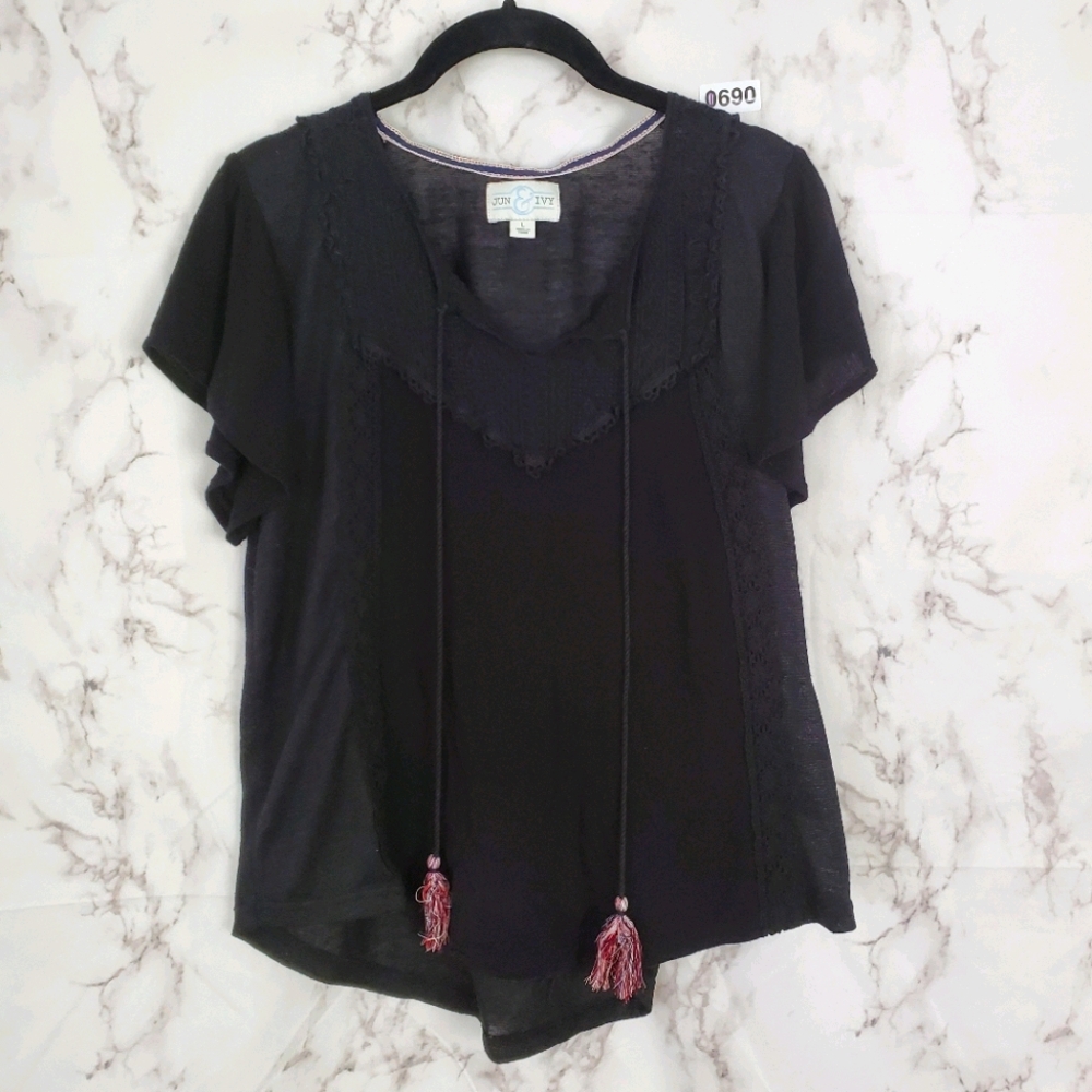 JUN & IVY Black Sheer Blouse Lace Embroidery Large